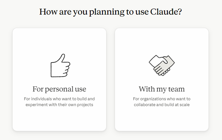 หน้าเลือกการใช้งาน Claude แบบส่วนตัวหรือทีม