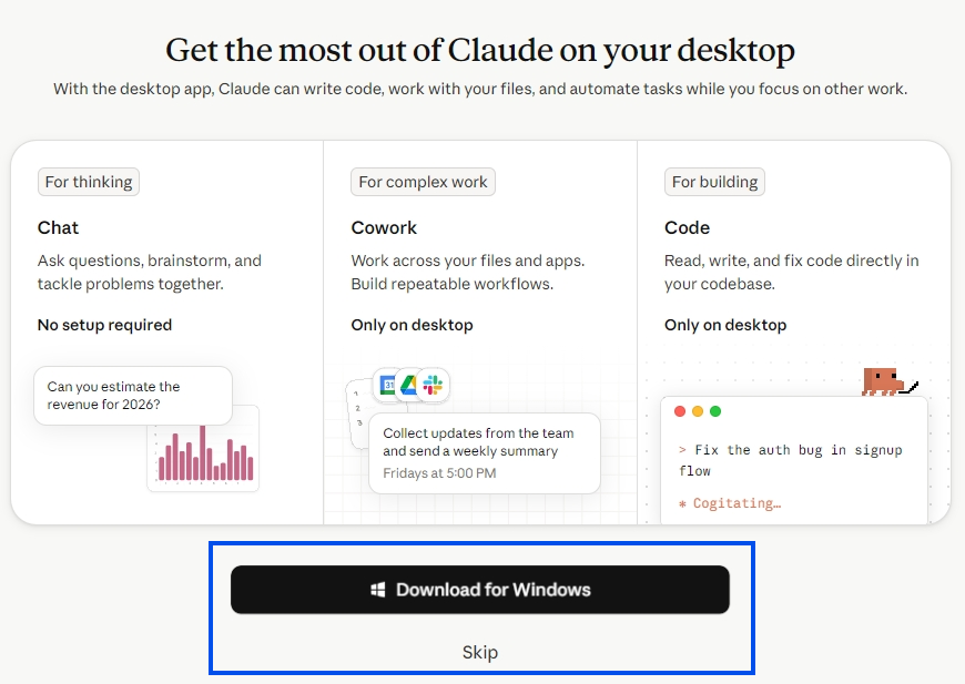 หน้าชวนดาวน์โหลด Claude desktop app