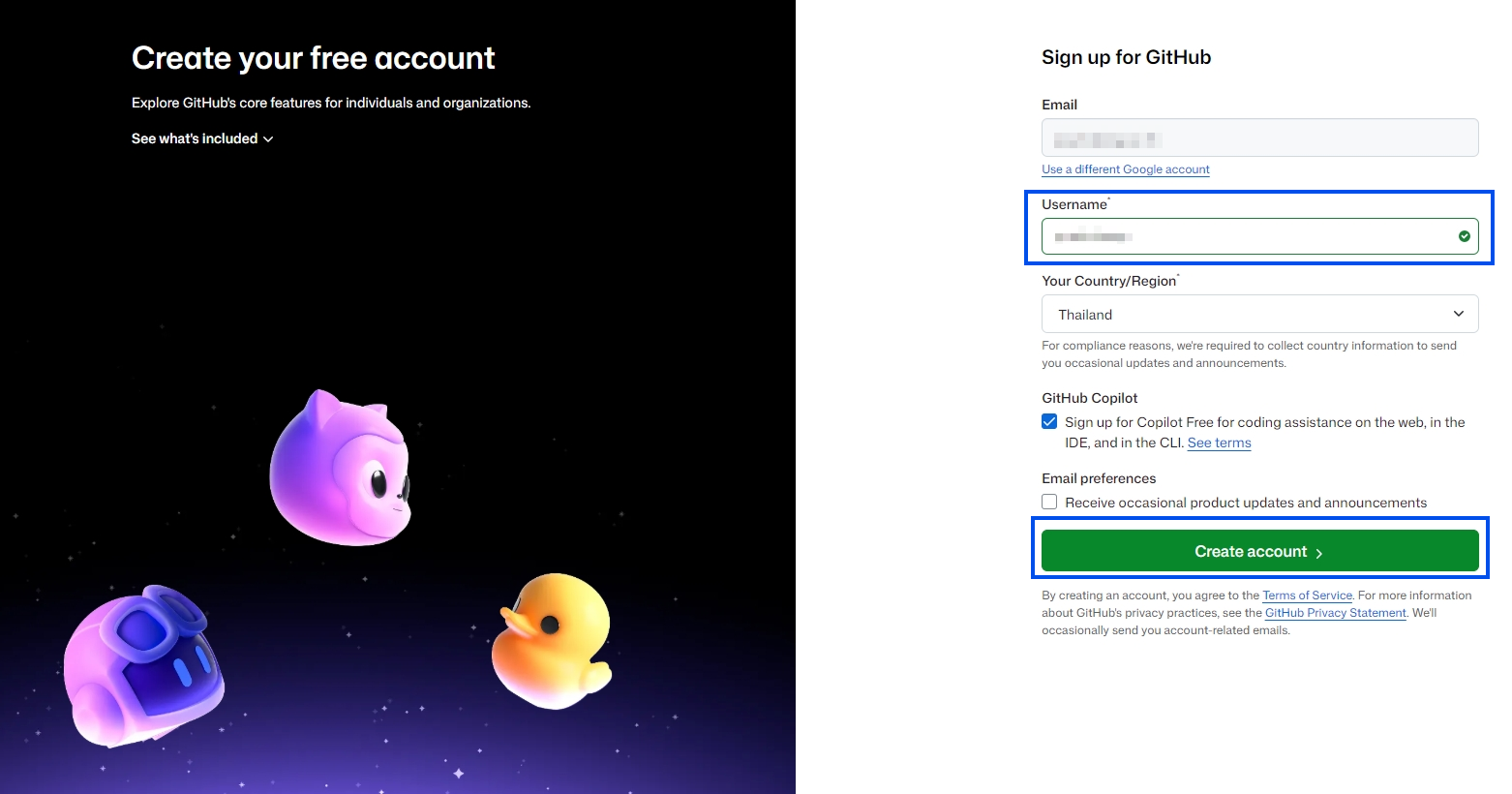 หน้าสมัคร GitHub และตั้ง username